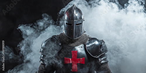 Medieval knight wearing full armor and a helmet with a red cross, standing in a cloud of red and white smoke. The dramatic lighting enhances the warrior’s imposing presence. photo