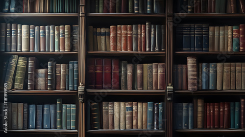 Books lined up on shelves in a library or study, featuring classic dark wood