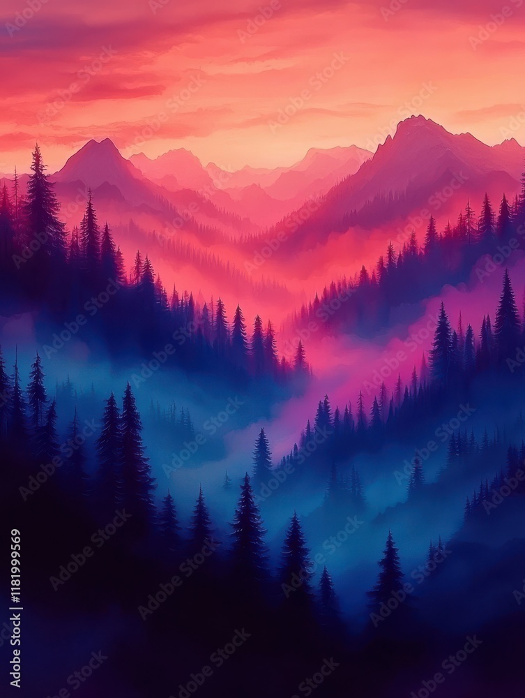 Serene Mountain Landscape at Dusk with Vivid Colors and Silhouetted Pine Trees Captured in a Dreamy Atmosphere of Nature's Beauty