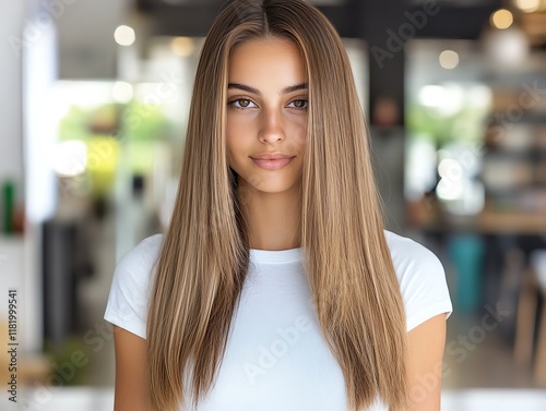 Long straight extensions, caramel highlights, placed neatly on a marble table photo