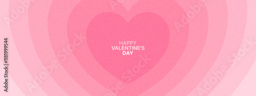 Modern pink banner with hearts. Happy Valentine's day template. Love theme grain background. Abstract art design. Geometric shapes. Tunnel of hearts. Vector illustration.