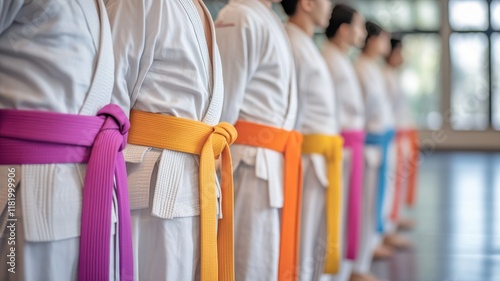 Karate practitioners align in colored belts during training session.