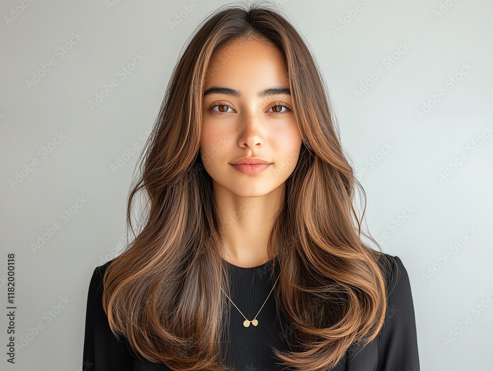 Long straight human hair extensions, caramel highlights glowing under directional light, arranged symmetrically
