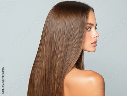 Long straight human hair extensions, caramel highlights glowing under directional light, arranged symmetrically