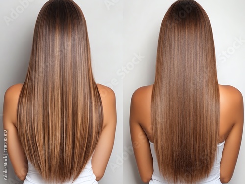 Long straight human hair extensions, caramel highlights glowing under directional light, arranged symmetrically