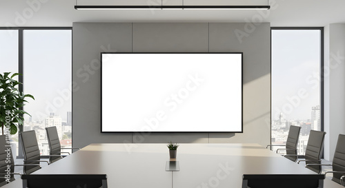 An expansive conference room showcasing a prominent white screen, ideal for presentations and group activities