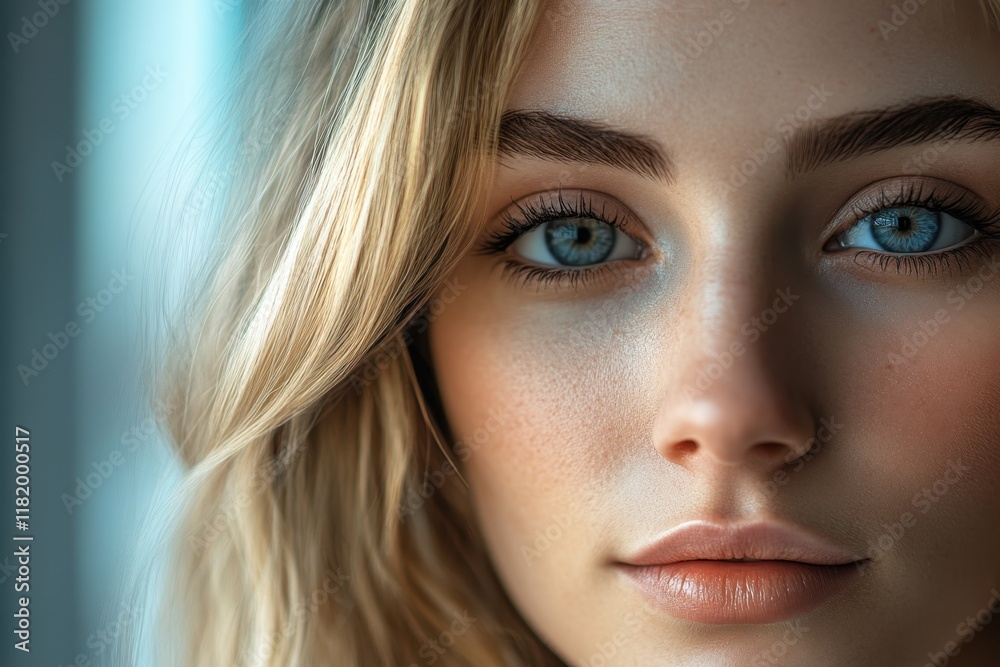 Fototapeta premium Close-up portrait of a young woman with striking blue eyes and natural light