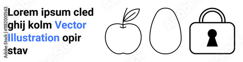 Apple, egg, and lock line drawings accompanied by placeholder text. Ideal for educational materials, presentations, learning resources, security concepts, healthy eating, minimalistic designs