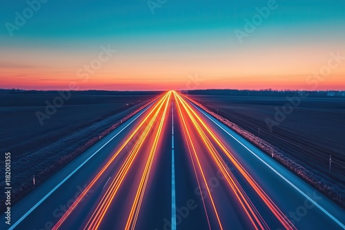 Fiber optic installation enables fast connectivity. Vibrant sunset over a highway with light trails from vehicles.