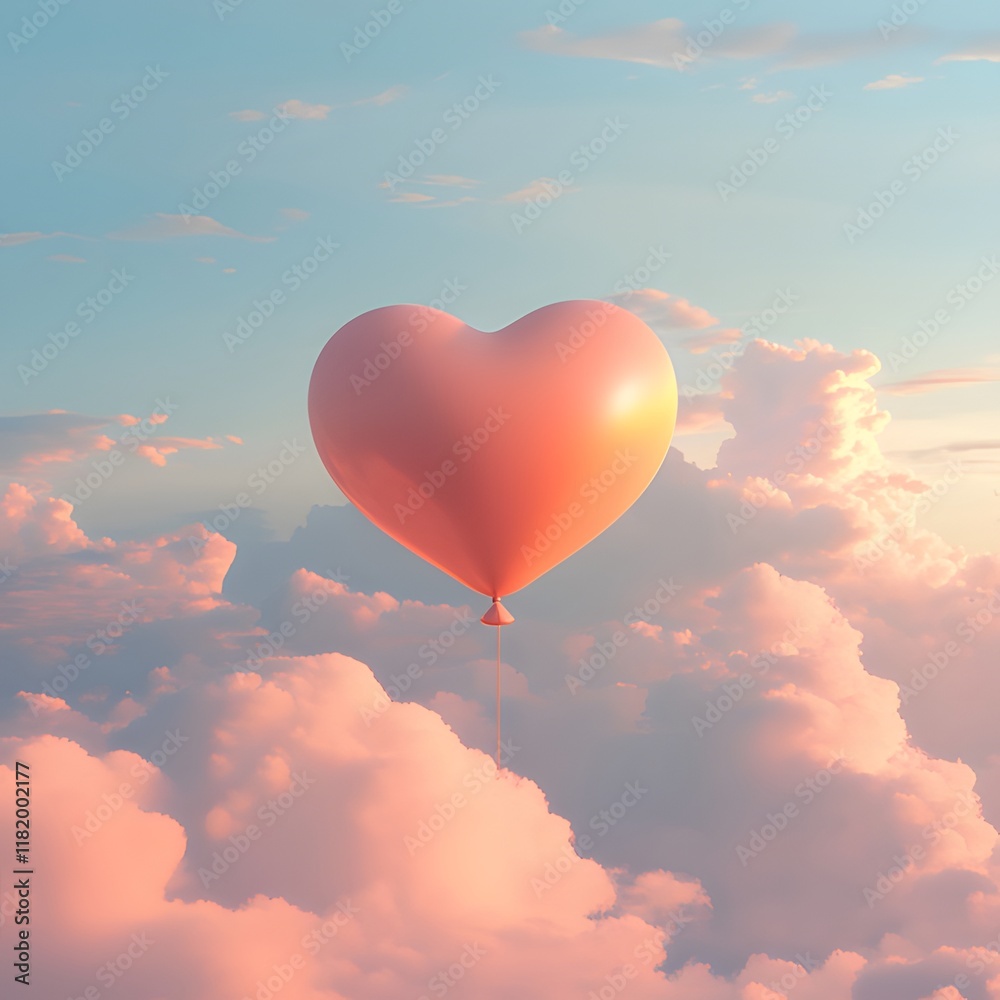 Obraz premium Heart-shaped balloon floating among pastel clouds at sunset