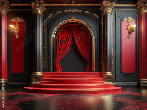 black red gold carpet entrance curtain luxurious door stage vintage retro design with flowers luxury royal castle photo