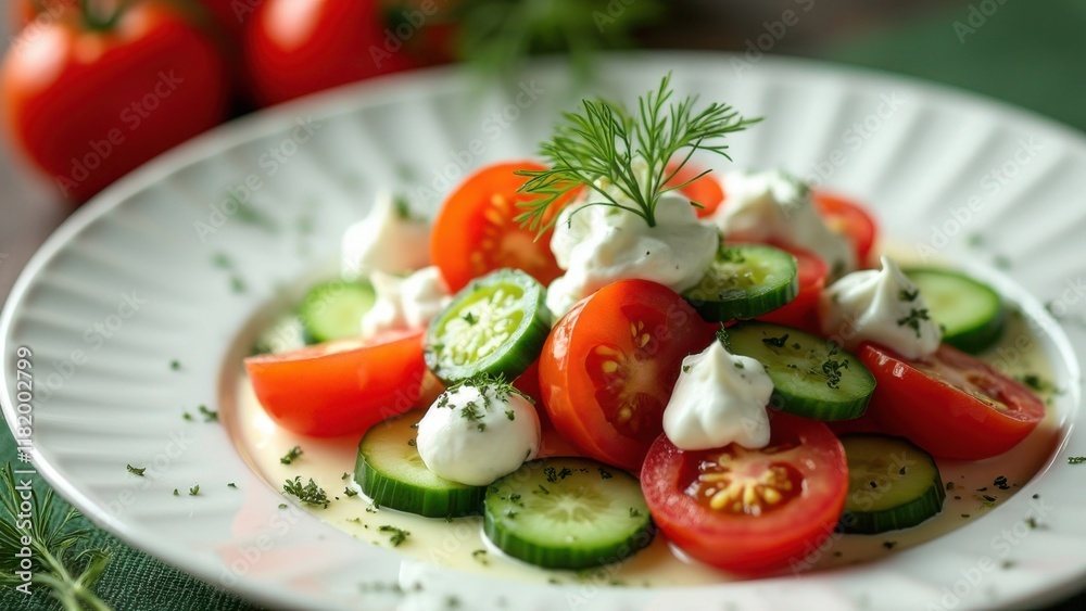 Fresh vegetable salad with cherry tomatoes, cucumbers and sour cream dressing Fresh vegetable salad with cherry tomatoes, cucumbers and sour cream dressing