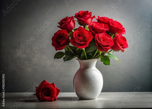 Red Roses in White Vase, Elegant Gray Background – Stock Photo