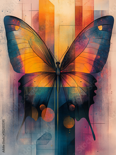 A modern abstract interpretation of a butterfly, featuring bold geometric shapes in vibrant colors like teal, orange, and gold.