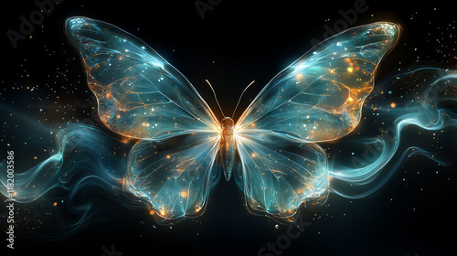 An abstract butterfly design with fluid, wavy patterns creating its wings, blending shades of blue, green, and silver.