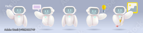 Set of Ai Сhatbot. Cute Smart Robotics in Various Pose Isolated. 3d Vector Illustration.	 photo