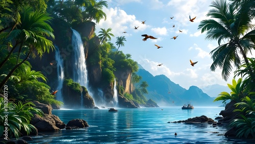 Tropical island with waterfalls cascading down between dense trees and exotic birds flying - 03
