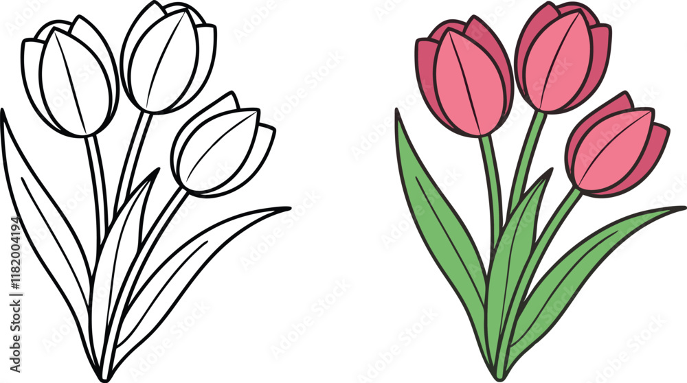 Obraz premium Three Tulips Coloring Page, Line Art, Spring Flowers, Pink Blooms
