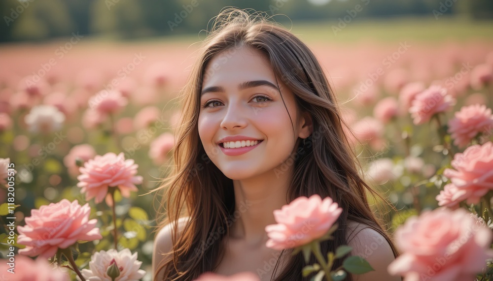 Naklejka premium Rose Garden Beauty: A young woman smiles radiantly amidst a field of blush pink roses, bathed in the warm glow of golden sunlight. Her beauty is enhanced by the natural elegance of her surroundings. 