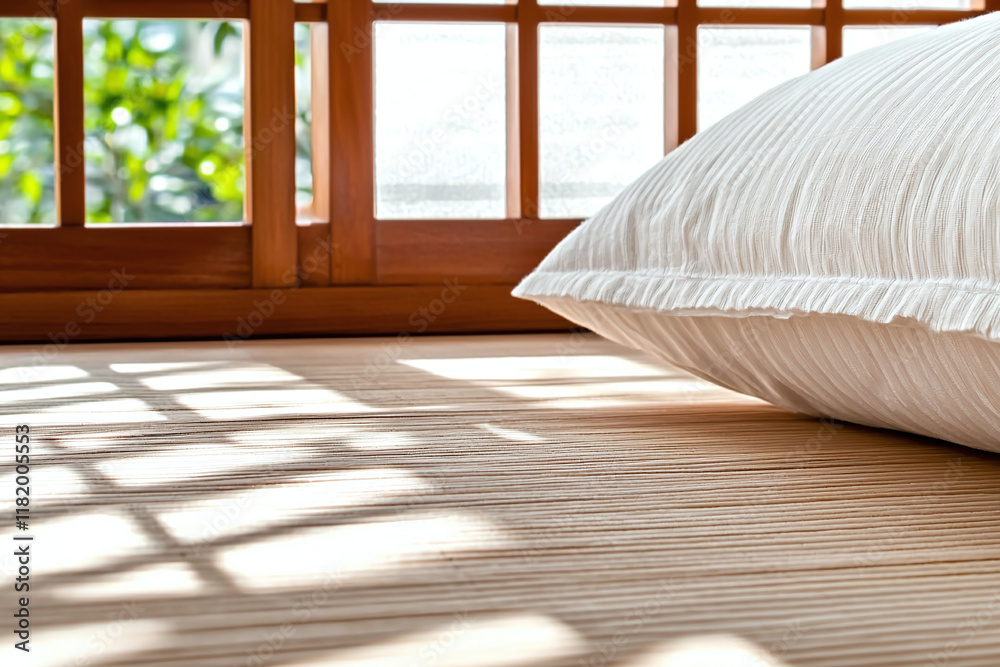 serene interior scene featuring white pillow resting on wooden flooring, illuminated by soft sunlight filtering through wooden window. gentle shadows create calming atmosphere