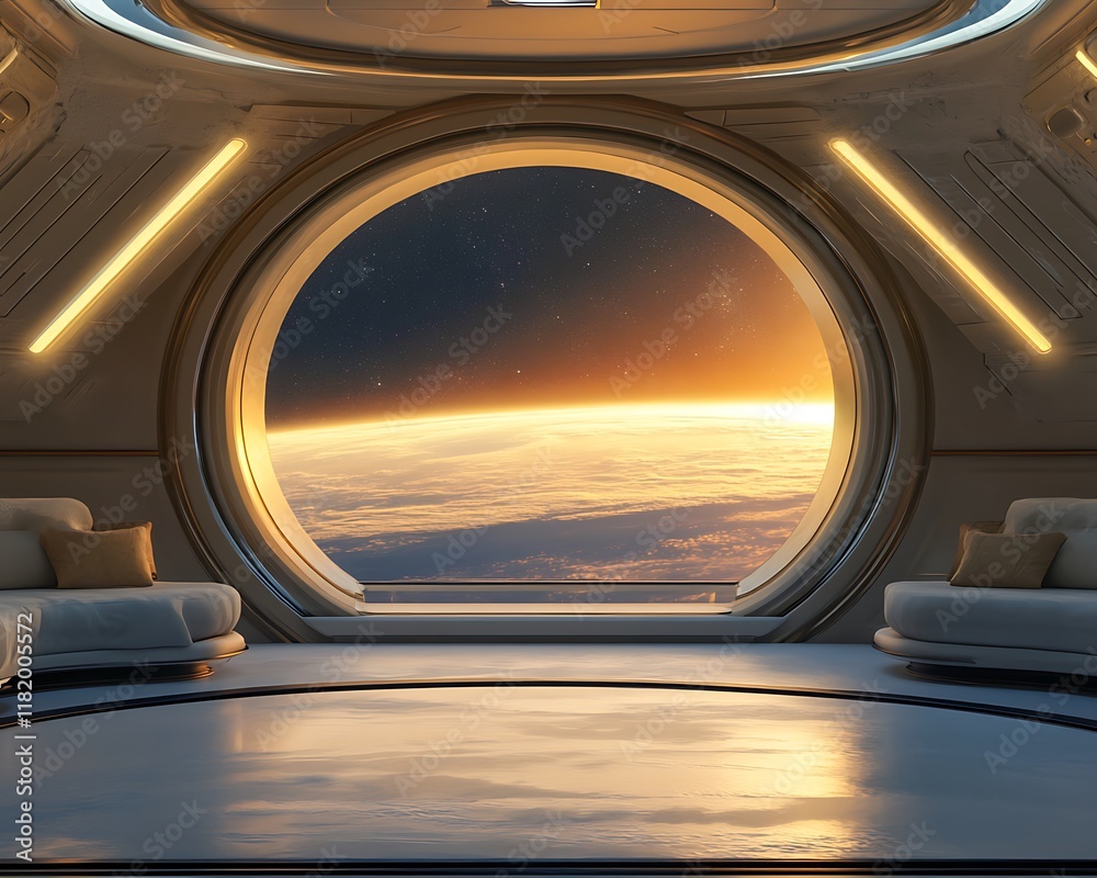 Fototapeta premium Futuristic Spaceship Interior with Earth Sunset View