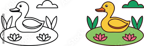 Adorable Duckling Coloring Page Pond, Lilies, Clouds, Nature