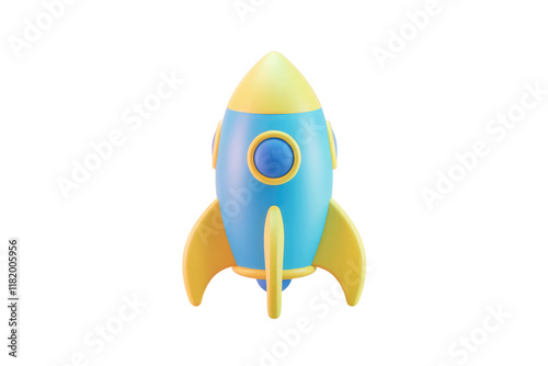 A cute, cartoon-style rocket ship, blue and yellow, ready for liftoff. background removed