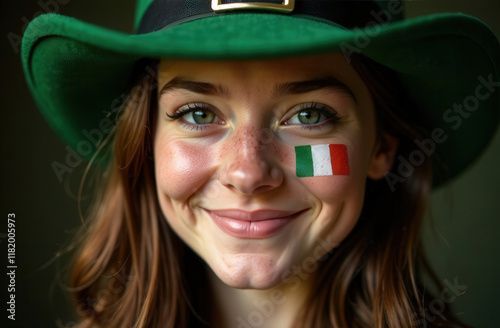 freckled girl in green hat with Irish flag painted on cheek celebrates St. Patrick's Day photo