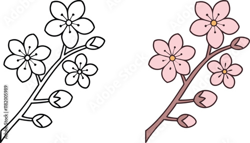 Cherry Blossom Branch, Outline, Coloring Page, Pink, Flowers, Spring, Nature, Japanese, Art, Design