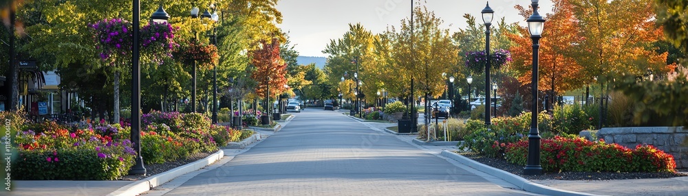 Scenic street lined with colorful trees and flowers in autumn light. Scenic street lined with colorful trees and flowers in autumn light.