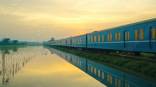 Wallpaper Mural Train Passing Through Tranquil Rice Fields at Dawn Torontodigital.ca