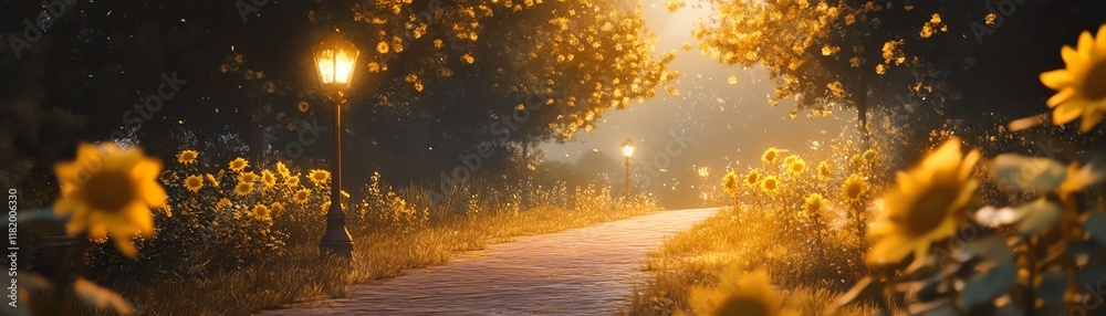 Pathway surrounded by sunflowers and warm light in a serene natural setting. Pathway surrounded by sunflowers and warm light in a serene natural setting.