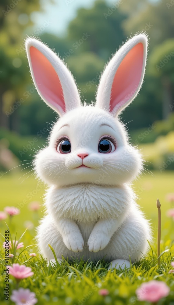 Cute white cartoon rabbit in grass field with spring feel Cute white cartoon rabbit in grass field with spring feel