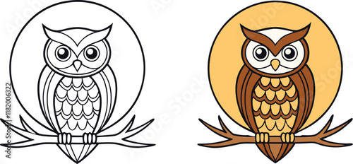 Adorable Owl Coloring Page Moonlit Branch, Bird, Nocturnal, Wildlife