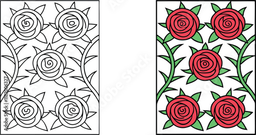 Printable Rose Coloring Page Outline and Colored Roses Design