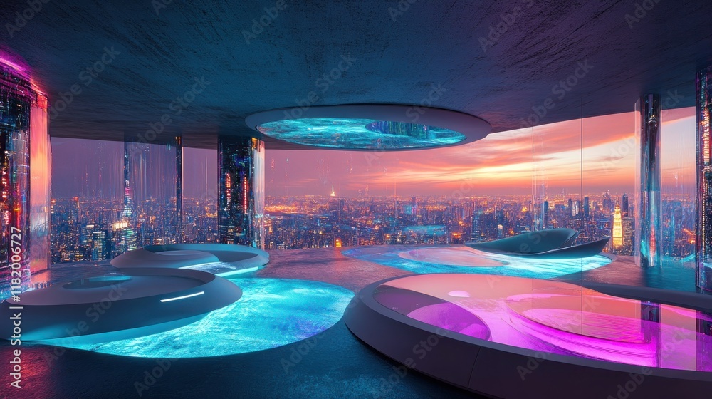 Naklejka premium Futuristic interior with glowing pools and a city skyline at sunset.