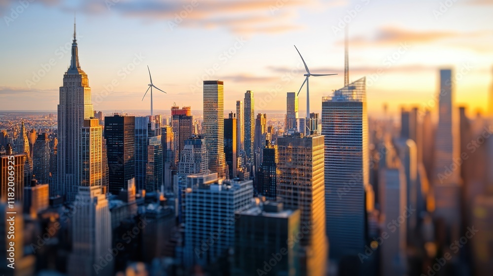 Fototapeta premium Vibrant Cityscape with Wind Turbines at Golden Hour