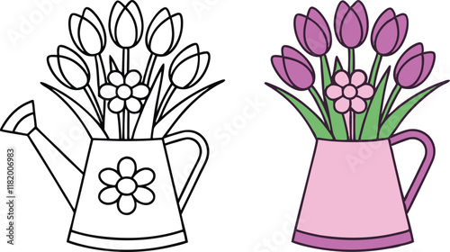Coloring Page Tulips and Daisies in a Watering Can