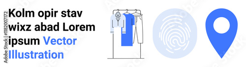 Garment rack with clothes, fingerprint icon, and location marker. Ideal for e-commerce, security, navigation, digital identity, fashion industry time management user interface design. Landing page