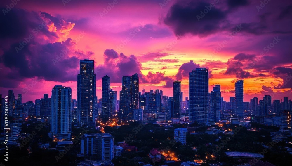 Fototapeta premium Sunset over a city skyline with vibrant colors and dramatic clouds.