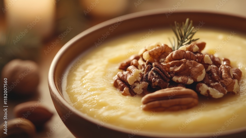Warm Soup with Garnish on a Dinner Table Warm Soup with Garnish on a Dinner Table
