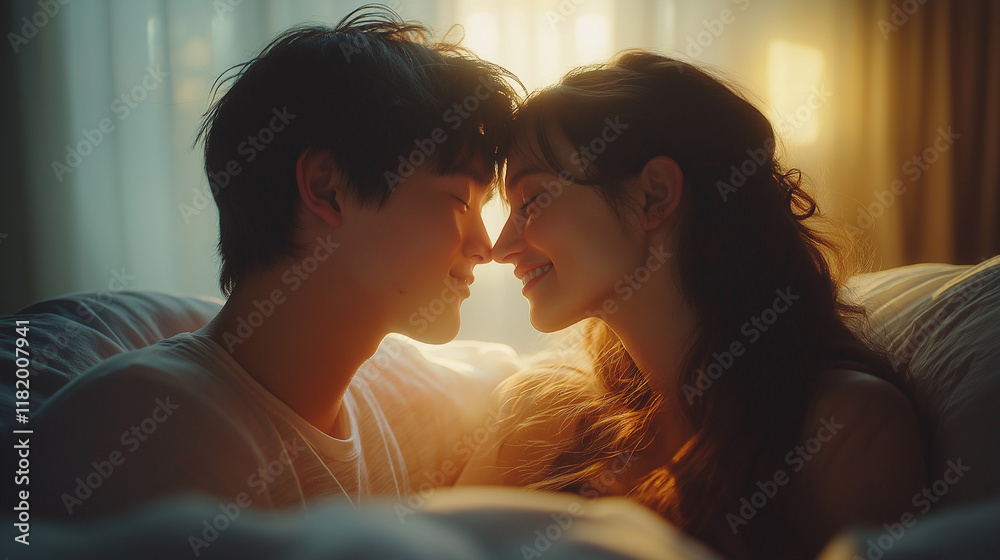 Affectionate smiling couple with closed eyes in love at home Affectionate smiling couple with closed eyes in love at home