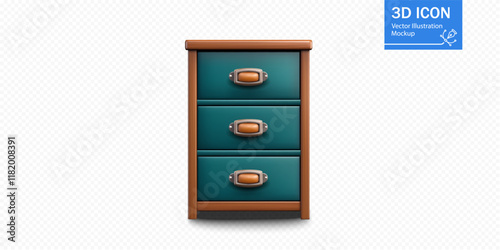 A bedside cabinet featuring three drawers with metal handles. The cabinet has a teal finish complemented by wooden accents. Ideal for enhancing bedroom decor.