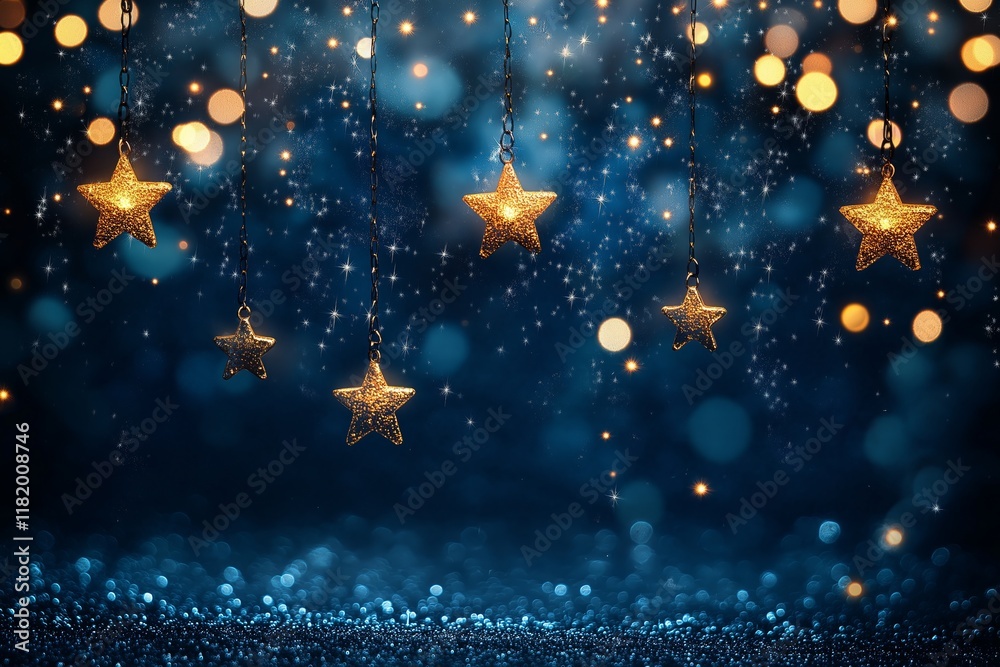 Twinkling golden stars and glowing lights with raindrops on a dark backdrop