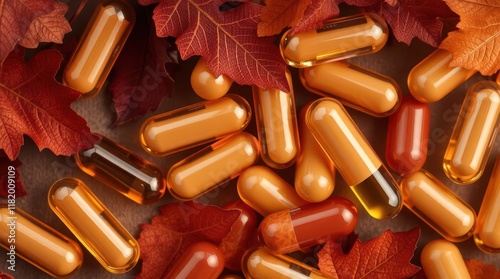 A vibrant arrangement of orange capsules surrounded by autumn leaves, creating a warm, seasonal aesthetic.
