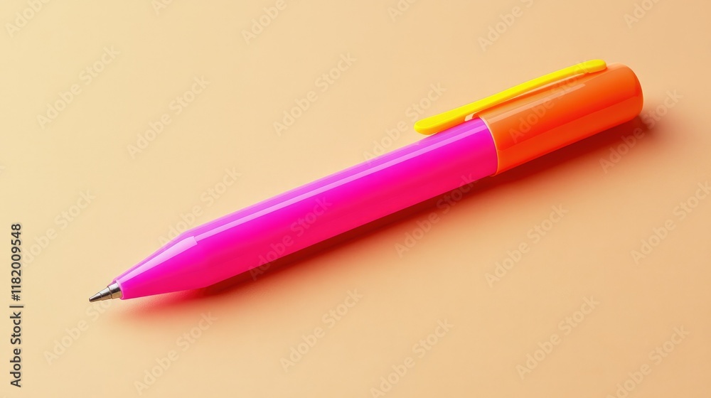 A neon-colored highlighter pen positioned diagonally on a neutral beige tabletop. A neon-colored highlighter pen positioned diagonally on a neutral beige tabletop.