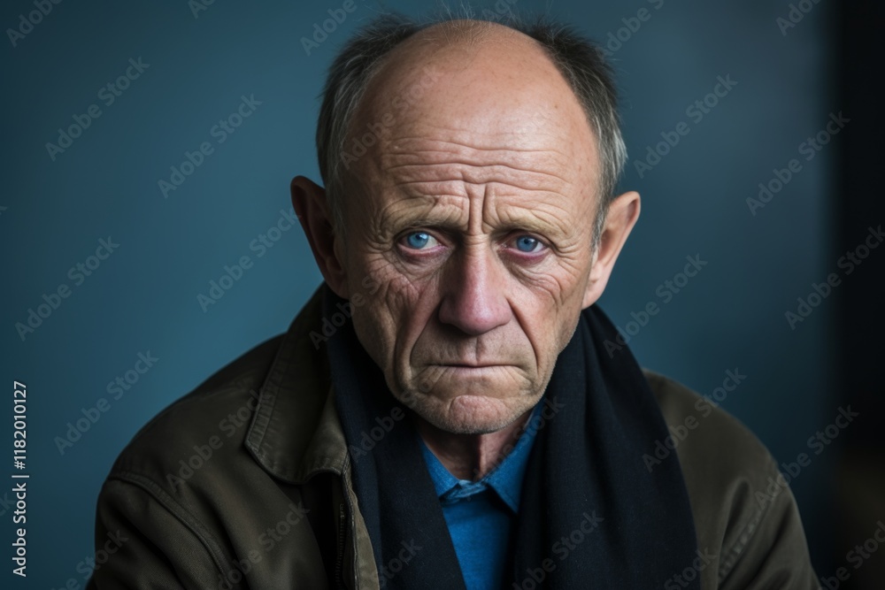 portrait old balding man, blue eyes, in old clothes, with wrinkles on face, sadness, grief emotions portrait old balding man, blue eyes, in old clothes, with wrinkles on face, sadness, grief emotions