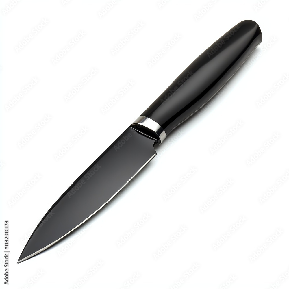 Black kitchen knife on white background for culinary tasks and cooking preparation. Black kitchen knife on white background for culinary tasks and cooking preparation.