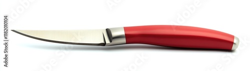 Red handled knife with stainless steel blade, white isolated background. photo