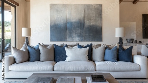 Contemporary living room featuring a beige sofa and blue pillows, completed with abstract wall art and minimalist decor.